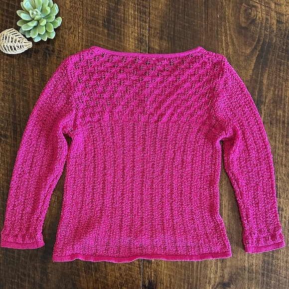 Norton McNaughton | Magenta Pink Pointelle Open Weave Crewneck Sweater, Size M - Picture 6 of 8